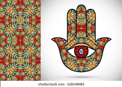 Boho hamsa hand, protection amulet, symbol of strength and happiness with seamless geometric pattern. Abstract graphic background, vertical floral doodle pattern, vector illustration
