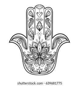 Boho hamsa hand, protection amulet, symbol of strength and happiness. Abstract graphic background, vector illustration