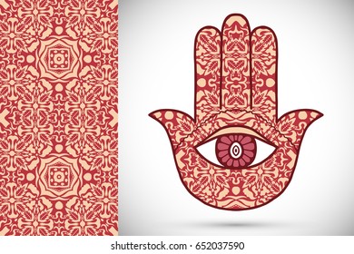 Boho hamsa hand, protection amulet, symbol of strength and happiness with seamless geometric pattern. Abstract graphic background, vertical floral doodle pattern, vector illustration