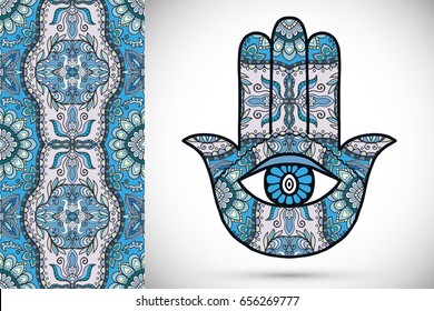 Boho hamsa hand, protection amulet, symbol of strength and happiness with seamless geometric pattern. Abstract graphic background, vertical floral doodle pattern, vector illustration