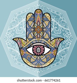 Boho hamsa hand, protection amulet, symbol of strength and happiness with mandala doodle geometric ornament. Decorative isolated design elements, flat style background. Hand drawn ethnic motif