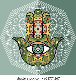 Boho hamsa hand, protection amulet, symbol of strength and happiness with mandala doodle geometric ornament. Decorative isolated design elements, flat style background. Hand drawn ethnic motif