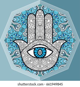 Boho hamsa hand, protection amulet, symbol of strength and happiness with blue mandala doodle ornament. Decorative isolated design elements, flat style background. Hand drawn ethnic motif