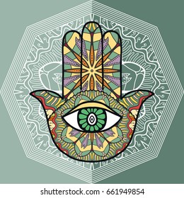 Boho hamsa hand, protection amulet, symbol of strength and happiness with mandala doodle geometric ornament. Decorative isolated design elements, flat style background. Hand drawn ethnic motif