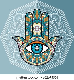 Boho hamsa hand, protection amulet, symbol of strength and happiness with mandala doodle geometric ornament. Decorative isolated design elements, flat style background. Hand drawn ethnic motif