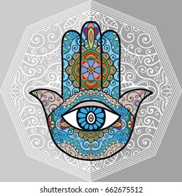 Boho hamsa hand, protection amulet, symbol of strength and happiness with mandala doodle geometric ornament. Decorative isolated design elements, flat style background. Hand drawn ethnic motif