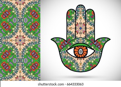 Boho hamsa hand, protection amulet, symbol of strength and happiness with seamless geometric pattern. Abstract graphic background, vertical floral doodle pattern, vector illustration
