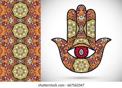 Boho hamsa hand, protection amulet, symbol of strength and happiness with seamless geometric pattern. Abstract graphic background, vertical floral doodle pattern, vector illustration