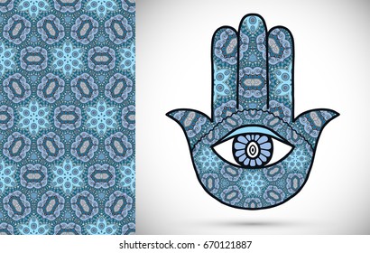 Boho hamsa hand, protection amulet, symbol of strength and happiness with seamless geometric pattern. Abstract graphic background, vertical floral doodle pattern, vector illustration