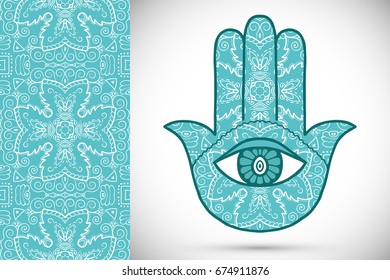 Boho hamsa hand, protection amulet, symbol of strength and happiness with seamless geometric pattern. Abstract graphic background, vertical floral doodle pattern, vector illustration