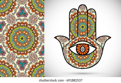 Boho hamsa hand, protection amulet, symbol of strength and happiness with seamless geometric pattern. Abstract graphic background, vertical floral doodle pattern, vector illustration