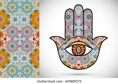 Boho hamsa hand, protection amulet, symbol of strength and happiness with seamless geometric pattern. Abstract graphic background, vertical floral doodle pattern, vector illustration