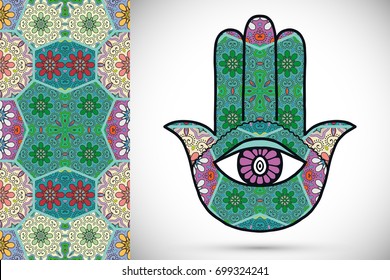 Boho hamsa hand, protection amulet, symbol of strength and happiness with seamless patchwork pattern pattern. Abstract graphic background, vertical floral doodle pattern, vector illustration