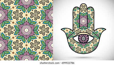 Boho hamsa hand, protection amulet, symbol of strength and happiness with seamless geometric pattern. Abstract graphic background, vertical floral doodle pattern, vector illustration