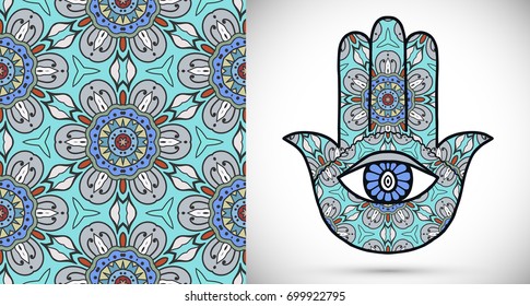 Boho hamsa hand, protection amulet, symbol of strength and happiness with seamless geometric pattern. Abstract graphic background, vertical floral doodle pattern, vector illustration