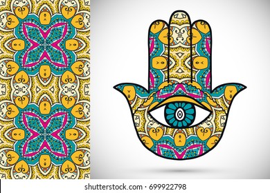 Boho hamsa hand, protection amulet, symbol of strength and happiness with seamless geometric pattern. Abstract graphic background, vertical floral doodle pattern, vector illustration