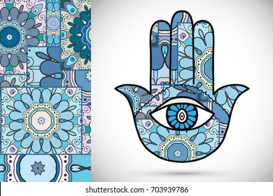 Boho hamsa hand, protection amulet, symbol of strength and happiness with vertical quilt patchwork pattern. Abstract graphic background, vertical floral doodle pattern, vector illustration