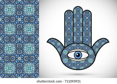 Boho hamsa hand, protection amulet, symbol of strength and happiness with seamless geometric pattern. Abstract graphic background, vertical floral doodle pattern, vector illustration