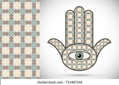 Boho hamsa hand, protection amulet, symbol of strength and happiness with seamless geometric pattern. Abstract graphic background, vertical floral doodle pattern, vector illustration