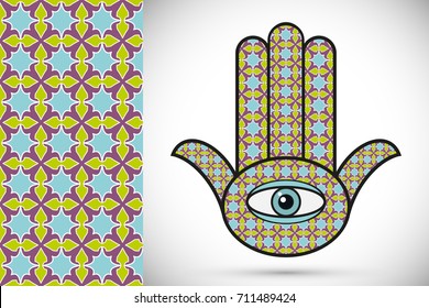 Boho hamsa hand, protection amulet, symbol of strength and happiness with seamless geometric pattern. Abstract graphic background, vertical floral doodle pattern, vector illustration