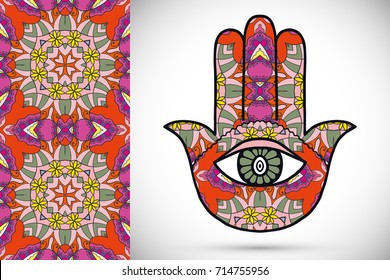 Boho hamsa hand, protection amulet, symbol of strength and happiness with seamless geometric pattern. Abstract graphic background, vertical floral doodle pattern, vector illustration
