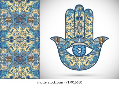 Boho hamsa hand, protection amulet, symbol of strength and happiness with seamless geometric pattern. Abstract graphic background, vertical floral doodle pattern, vector illustration