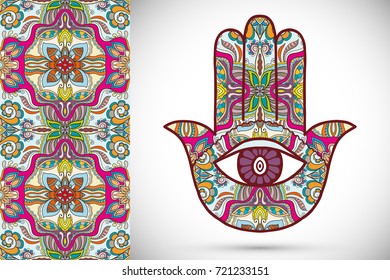 Boho hamsa hand, protection amulet, symbol of strength and happiness with seamless geometric pattern. Abstract graphic background, vertical floral doodle pattern, vector illustration