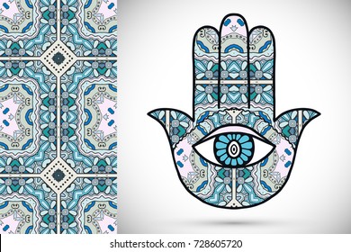 Boho hamsa hand, protection amulet, symbol of strength and happiness with seamless geometric pattern. Abstract graphic background, vertical floral doodle pattern, vector illustration