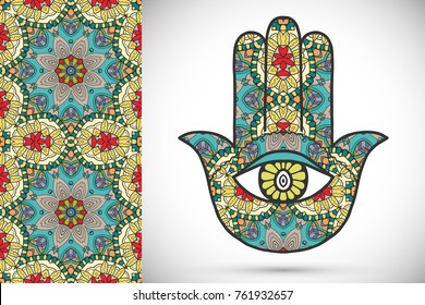 Boho hamsa hand, protection amulet, symbol of strength and happiness with seamless geometric pattern. Abstract graphic background, vertical floral doodle pattern, vector illustration