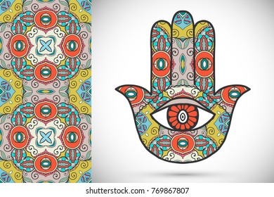 Boho hamsa hand, protection amulet, symbol of strength and happiness with seamless geometric pattern. Abstract graphic background, vertical floral doodle pattern, vector illustration