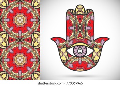 Boho hamsa hand, protection amulet, symbol of strength and happiness with seamless geometric pattern. Abstract graphic background, vertical floral doodle pattern, vector illustration