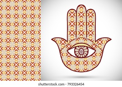 Boho hamsa hand, protection amulet, symbol of strength and happiness with seamless geometric pattern. Abstract graphic background, vertical floral doodle pattern, vector illustration