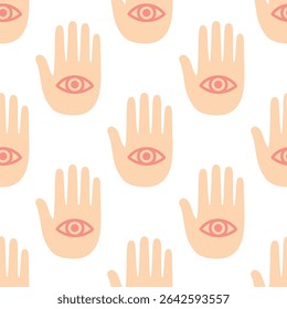 Boho hamsa hands with eyes seamless pattern on white background  