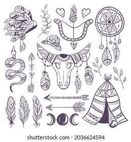 Boho hand drawn indian element design collection set