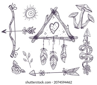Boho hand drawn indian element design collection set