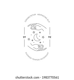 Boho hand drawn magic logo. Minimal bohemian mystic linear hands moon stars esoteric tattoo symbols, vector illustration
