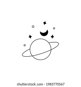 Boho hand drawn magic logo. Minimal bohemian mystic line planet space moon esoteric tattoo sign, vector illustration design