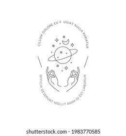 Logo de magia dibujado a mano. Mínimo bohemias místico manos lineales espacio lunar símbolos de tatuaje esotérico, ilustración vectorial