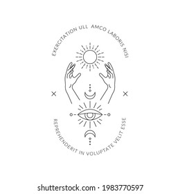 Boho hand drawn magic logo. Minimal bohemian mystic linear hands moon sun eye esoteric tattoo symbols, vector illustration