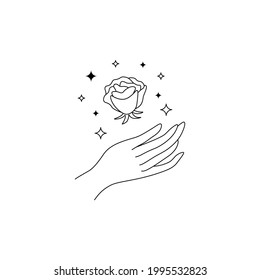 Boho hand drawn magic logo. Minimal mystic linear hand rose stars esoteric tattoo symbols, bohemian vector illustration