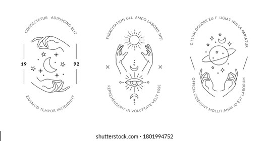 Boho hand drawn magic logos. Minimal bohemian mystic icons linear style, hands moon sun space esoteric symbols, simple vector tattoo.