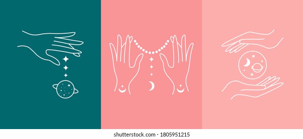 Boho hand drawn mystic logos linear style. Magic doodle esoteric set  with hands, moon, planet, stars, space. Bohemian vector illustration simple line