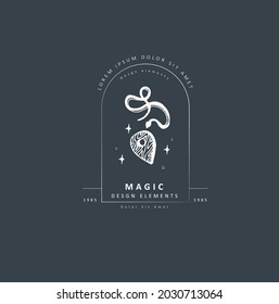 Boho hand drawn mystical magic logo. Esoteric doodle elements. Black outline style. Abstract vector illustration