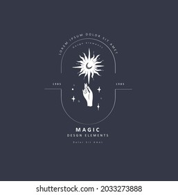 Boho hand drawn mystical magic logo. Esoteric doodle elements. Black outline style. Abstract vector illustration