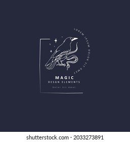 Boho hand drawn mystical magic logo. Esoteric doodle elements. Black outline style. Abstract vector illustration