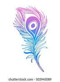 Pluma ornamental dibujada a mano de Boho, arte de línea, ilustración vectorial tribalística. 