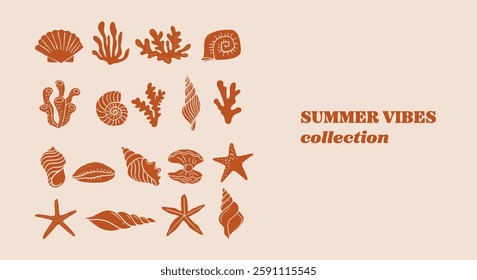 Boho hand drawn sea, ocean, sun, seashell and palm design illustrations, pattern, minimalist abstract design. Vector art, icons and illustrations