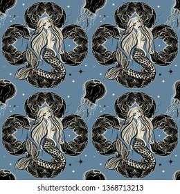 Boho hand drawn seamless pattern with ocean life: magic mermaid, jellyfish and waves.Vintage, gypsy style.