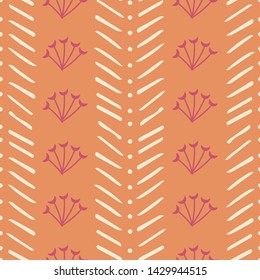 Boho hand drawn seamless pattern in orange, dark pink and off white. Fans with crescent moon shapes create vertical stripes between doodled herringbone. Great for textiles, fashion and decor. Vector.