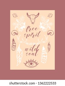 Boho hand drawn sposter, banner vector illustration. Scull, plants such as flowers with leaves, branch, feather with ornament, ethnic tribal eyes, shell, head. Free spirit wild soul.